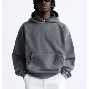 ZARA Washed Out Hooded Sweatshirt Distressed Hem and Cuff Charcoal Gray Small